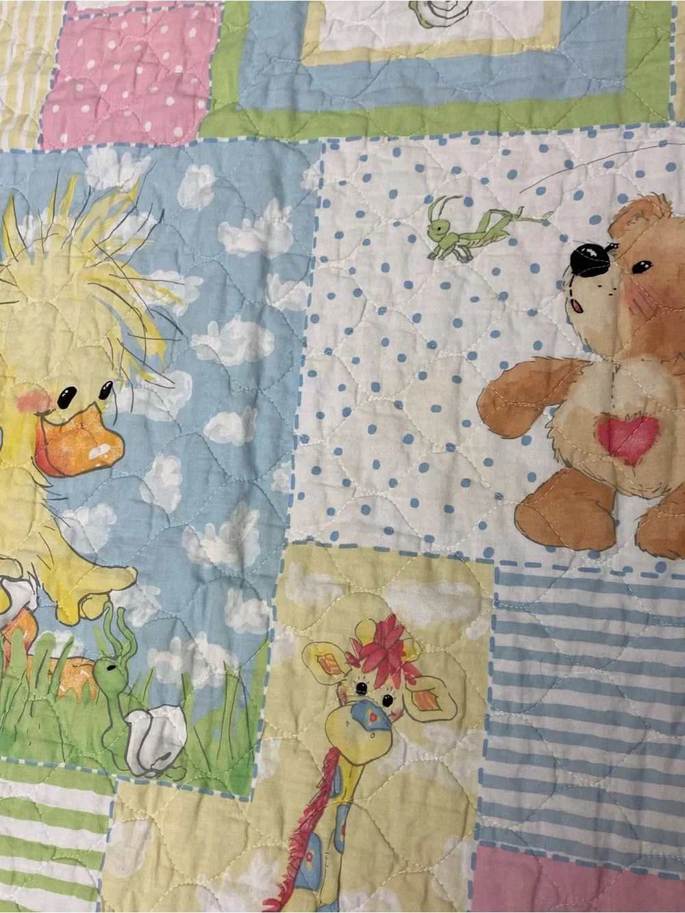 Vintage 1980s Whimsical Pastel Baby Crib Quilt - Duck Bear Giraffe Bunny